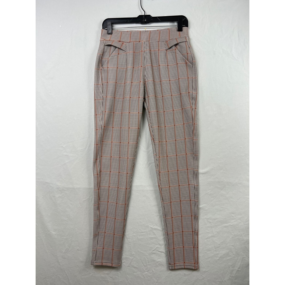 INDERO Plaid Trousers Women L/XL Brown Houndstooth High Waist Stretch Slim Pants